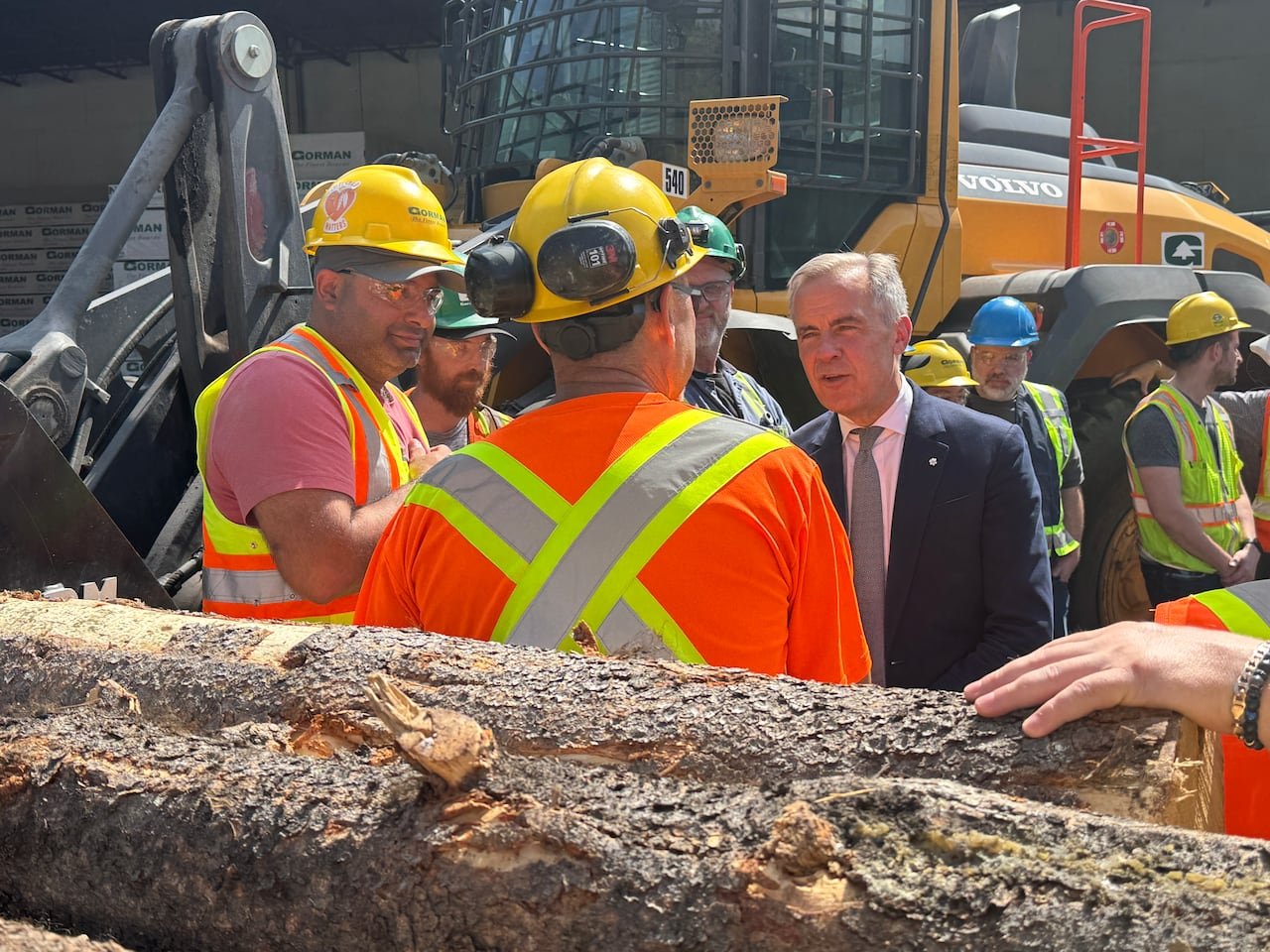 A man in a suit addressing mill workers wearing hard hats amidst logs.